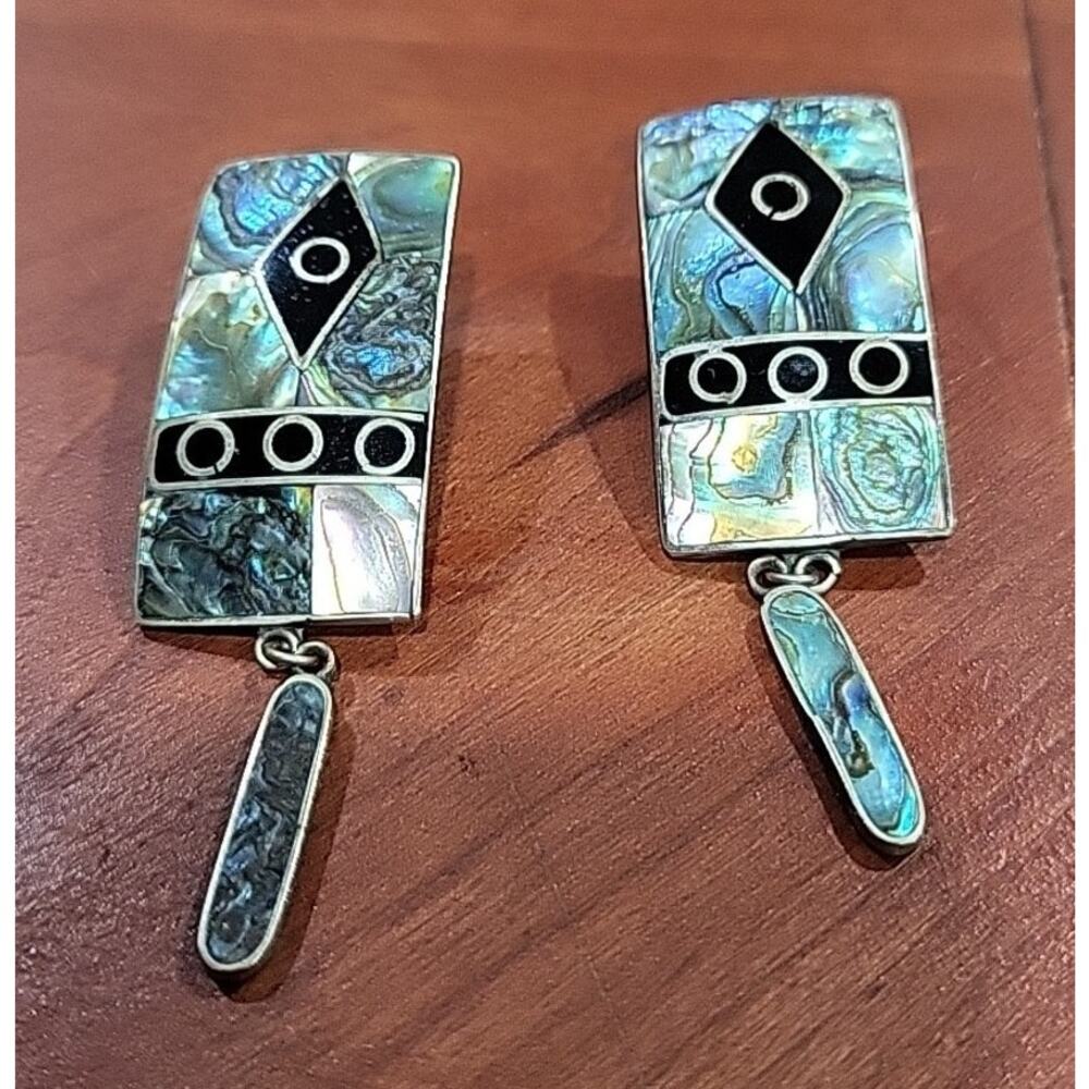 Vintage Silver Alpaca Mexico Dangle Earrings Abalone Inlay Rectangle